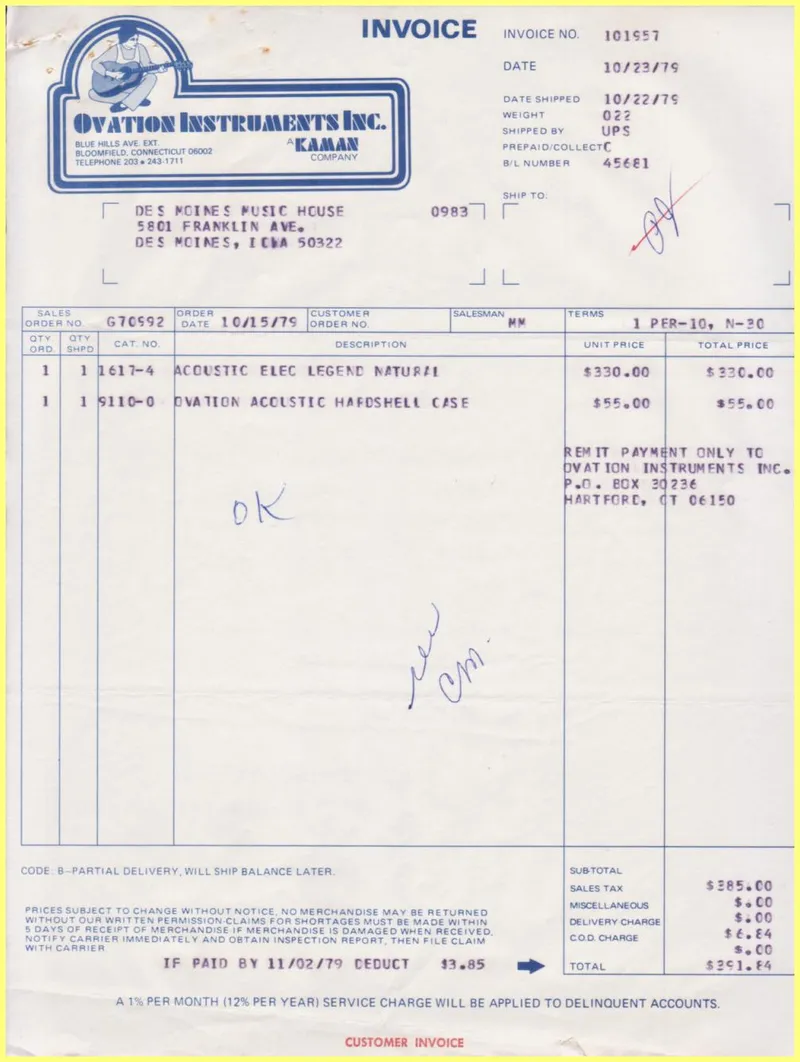 Ovation Instruments Inc. Invoice, Shipment, and Return Authorization Documents for Des Moines Music House