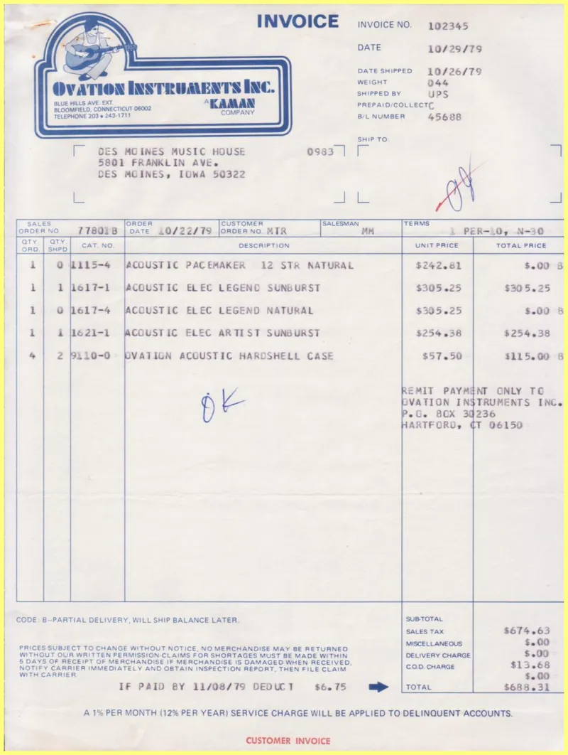 Ovation Instruments Inc. Invoice and Shipment Documents - Invoice #102345