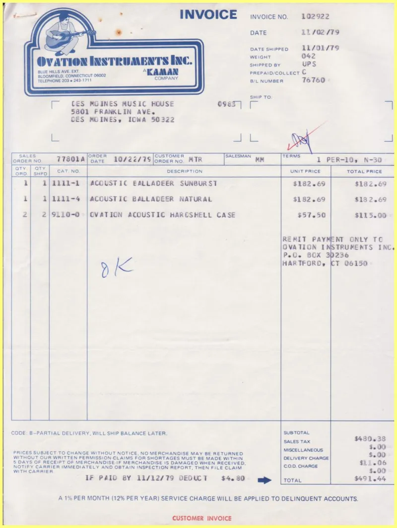 Ovation Instruments Inc. Invoice and Shipment Documents – November 1979