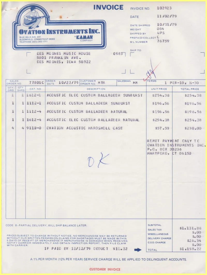 Ovation Instruments Inc. Invoice and Shipment Document #102923 - Des Moines Music House