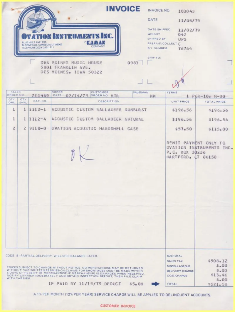 Ovation Instruments Inc. Invoice and Shipment Documents - Des Moines Music House (1979)