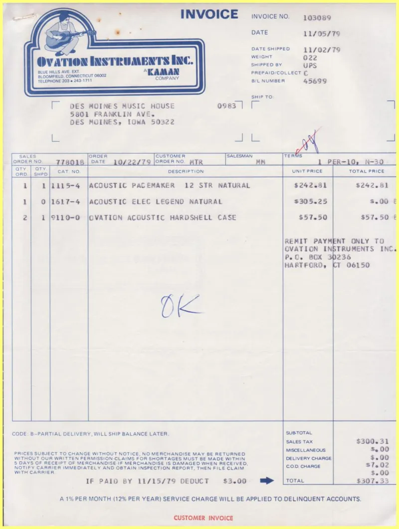 Ovation Instruments Inc. Invoice and Shipment Documents - Invoice No. 103089
