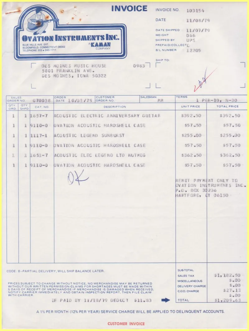 Ovation Instruments Inc. Invoice and Shipment Document - Des Moines Music House, November 1979