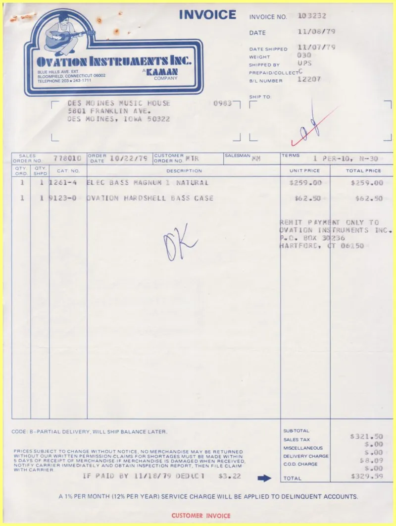 Ovation Instruments Inc. Invoice and Shipment Document - Des Moines Music House, November 1979