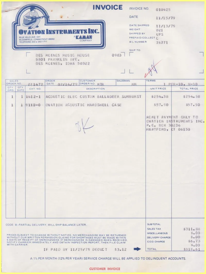 Ovation Instruments Inc. Invoice and Shipment Document - Des Moines Music House