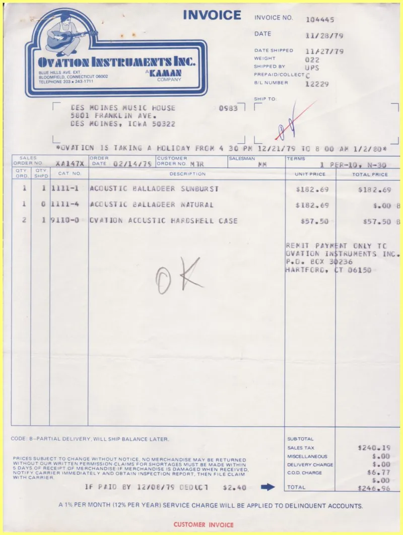 Ovation Instruments Inc. Invoice and Shipment Document #104445