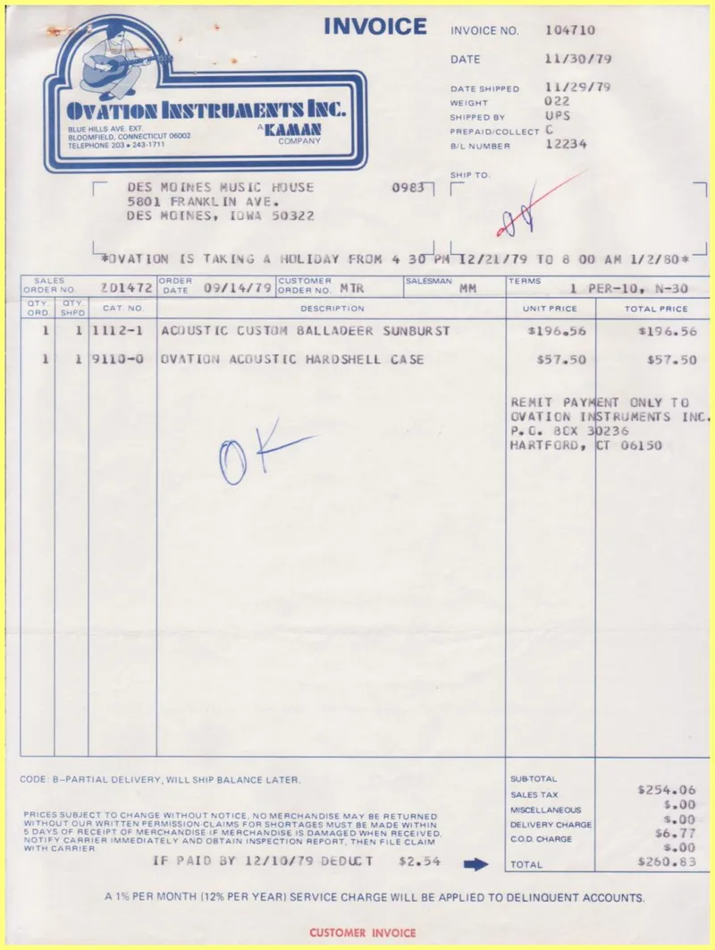 Ovation Instruments Inc. Invoice and Shipment Documents - Des Moines Music House