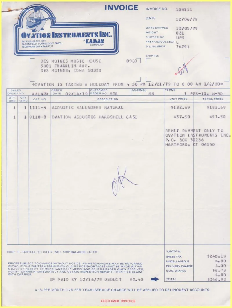 Ovation Instruments Inc. Invoice and Shipment Document – December 1979