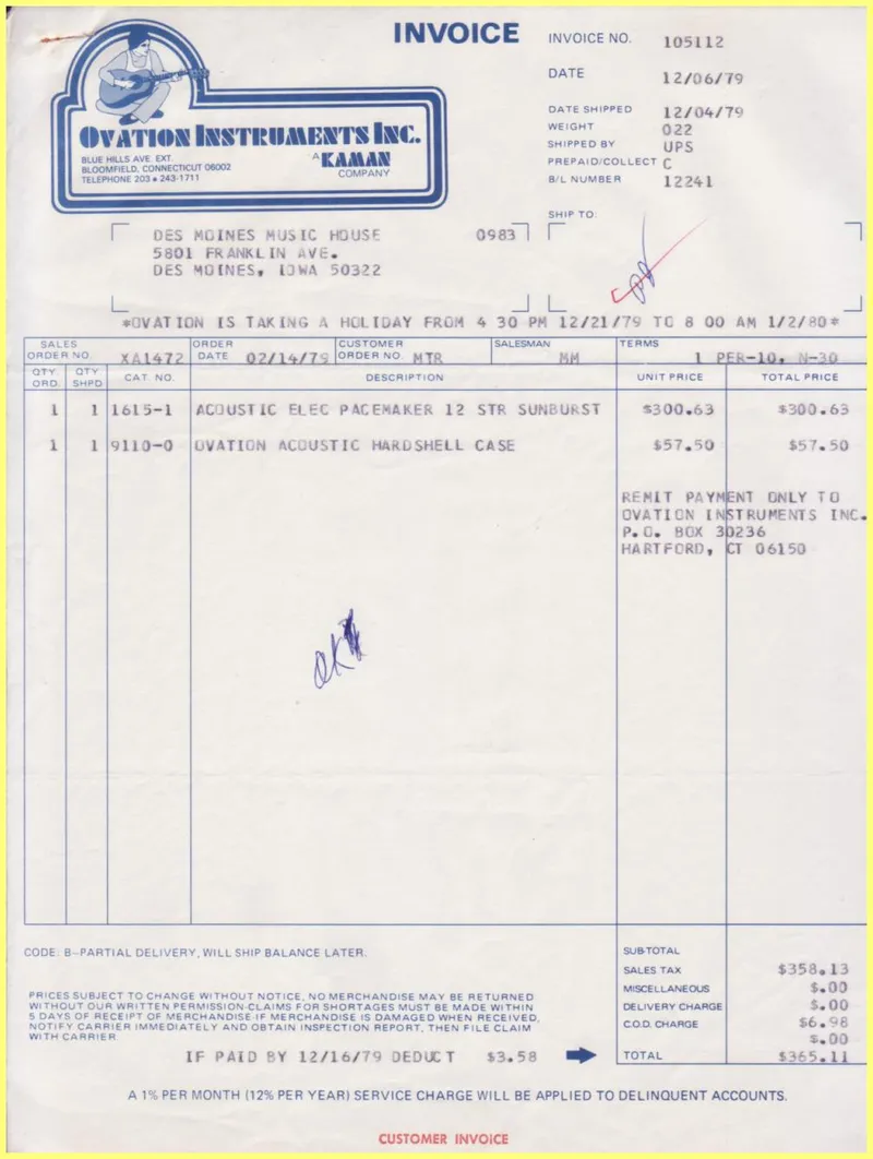 Ovation Instruments Inc. Invoice and Shipment Documents – Des Moines Music House, December 1979