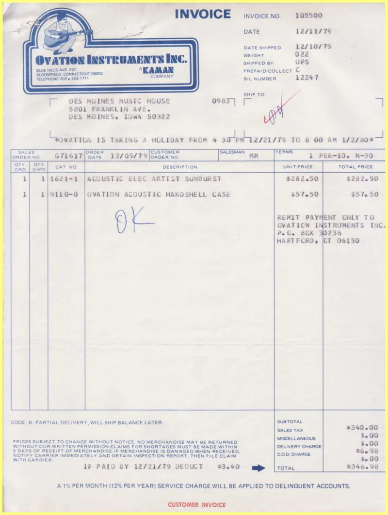 Ovation Instruments Inc. Invoice and Shipment Document – December 1979