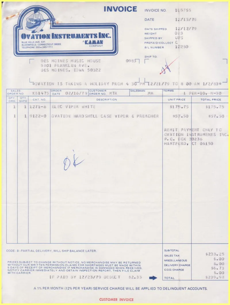 Ovation Instruments Inc. Invoice and Shipment Document - Des Moines Music House