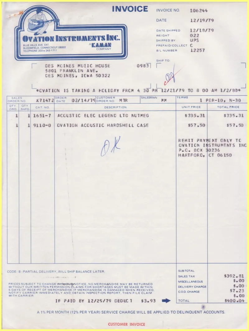 Ovation Instruments Inc. Invoice and Shipment Documents - December 1979
