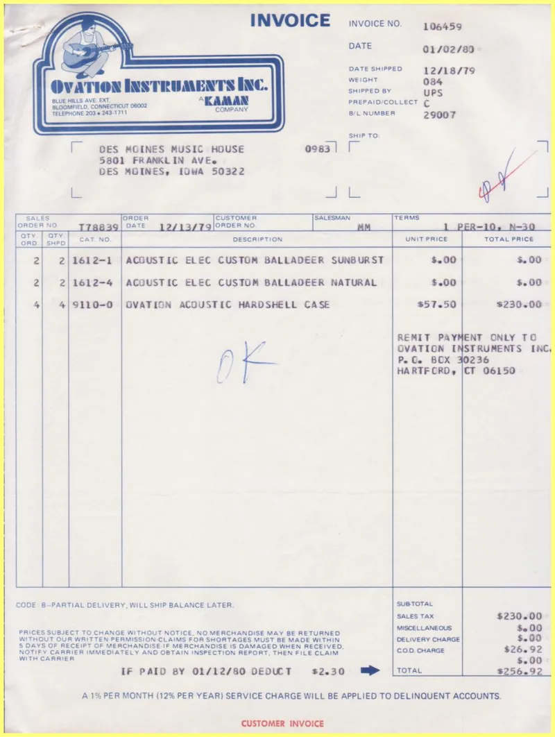 Ovation Instruments Inc. Invoice and Shipment Document - Des Moines Music House Order T78839