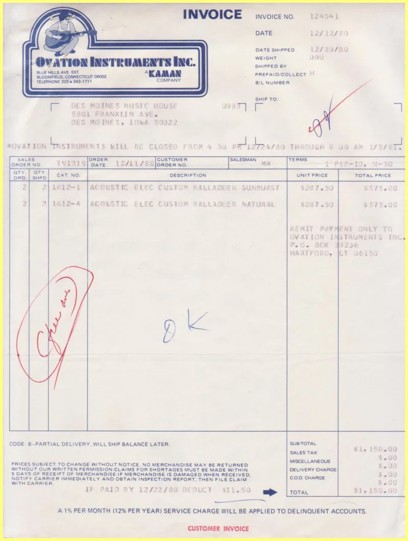 Ovation Instruments Inc. Invoice and Shipment Document - Des Moines Music House