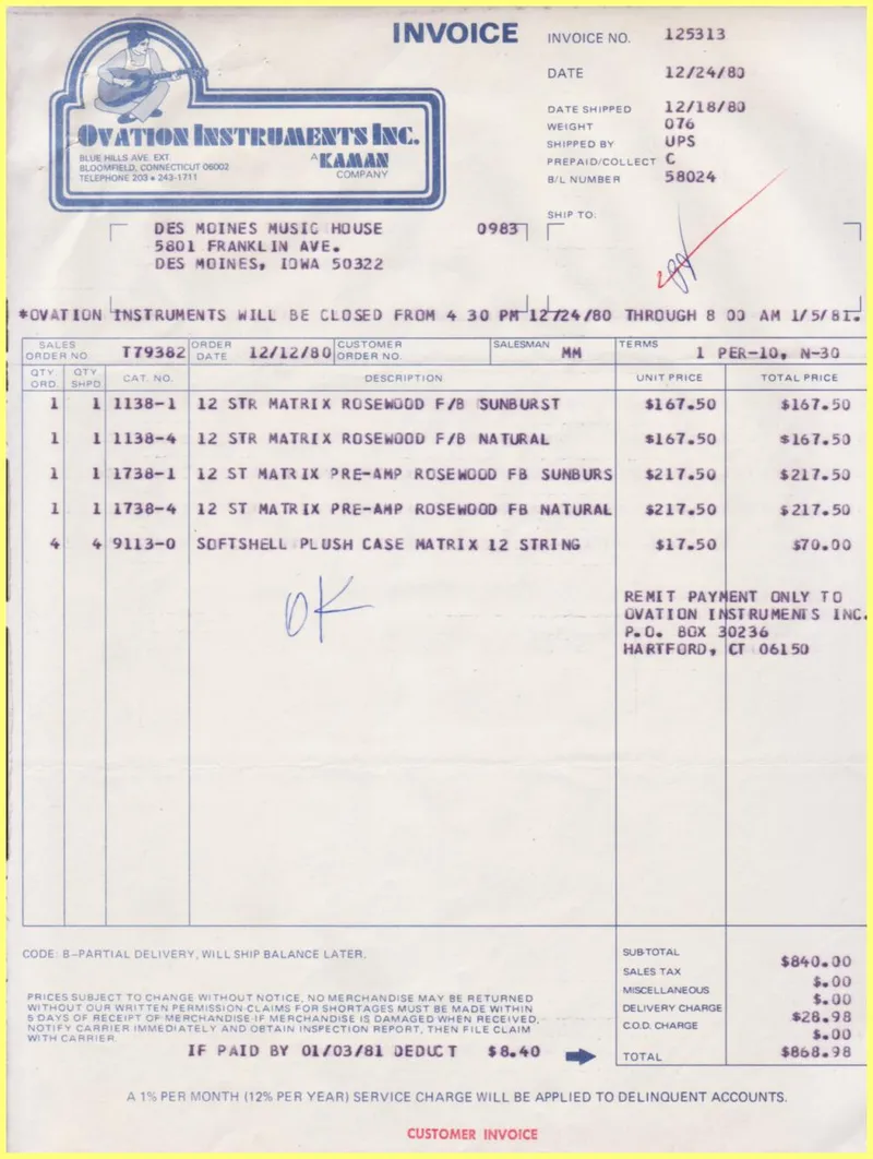 Ovation Instruments Inc. Invoice #125313 - Des Moines Music House