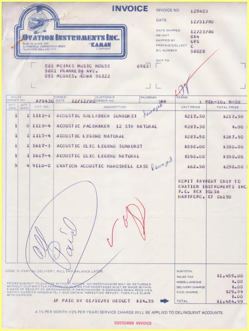 Ovation Instruments Inc. Invoice and Shipment Documents - Des Moines Music House Order A79430