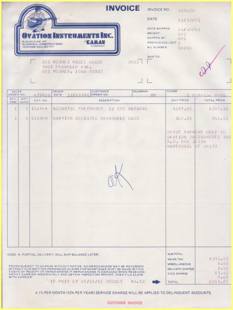 Ovation Instruments Inc. Invoice and Shipment Documents - January 1981