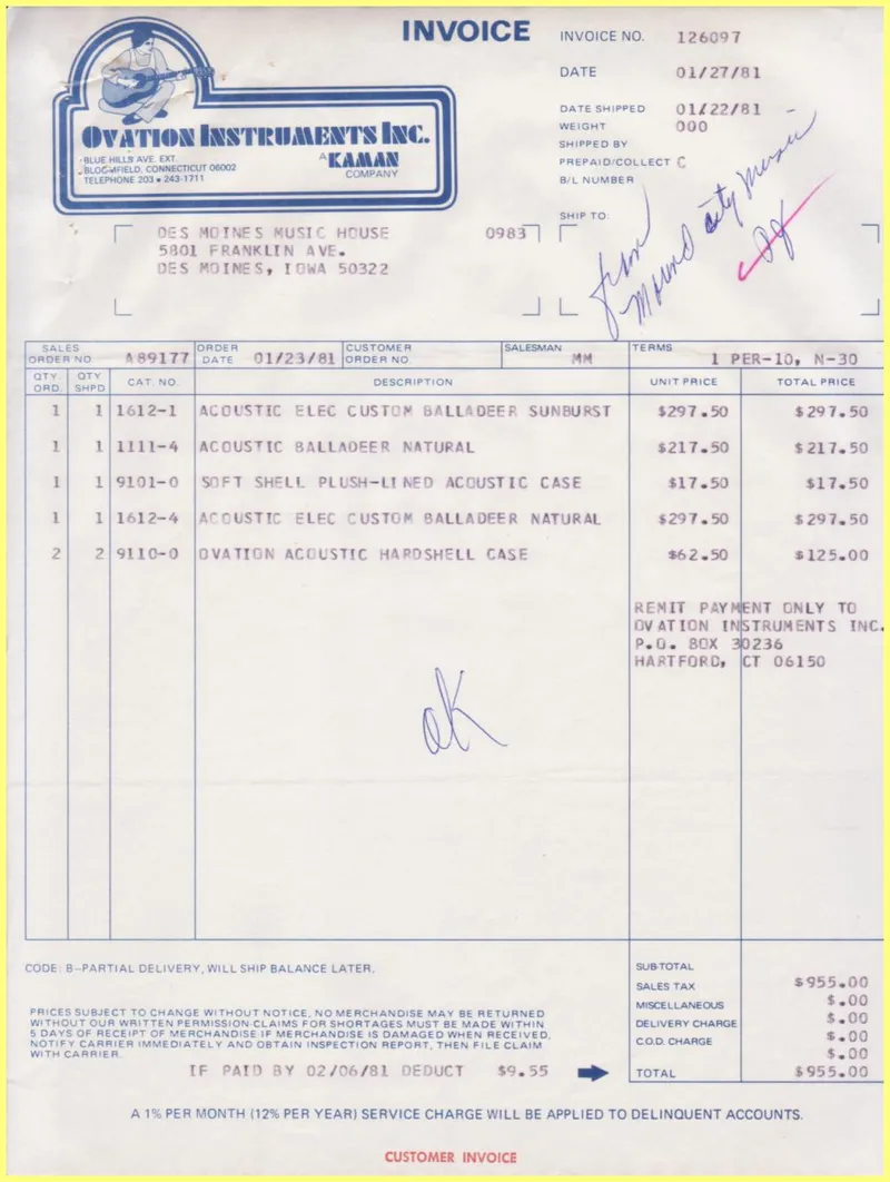 Ovation Instruments Inc. Invoice and Shipment Documents - Des Moines Music House Order #126097