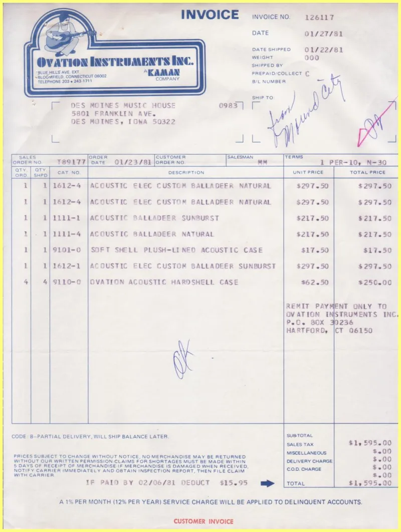 Ovation Instruments Inc. Invoice and Shipment Document #126117 - Des Moines Music House