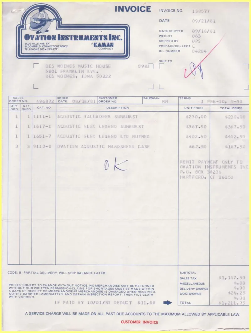 Ovation Instruments Inc. Invoice and Shipment Documents - Des Moines Music House Order A96872 (1981)