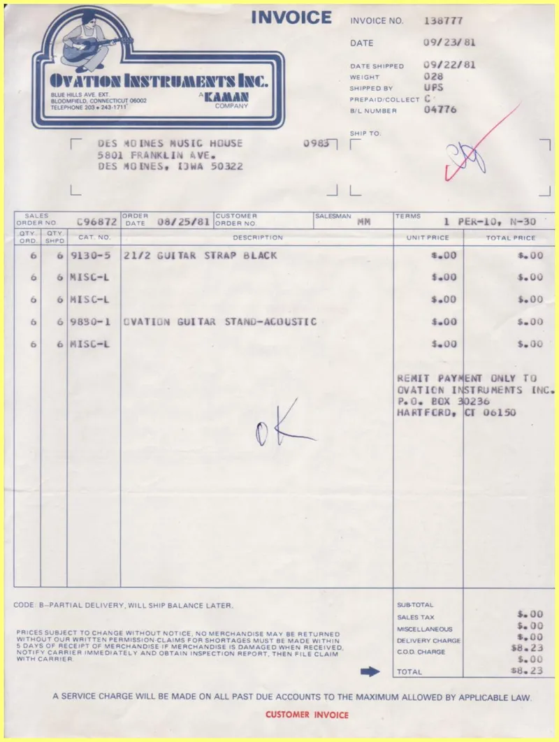 Ovation Instruments Inc. Invoice and Shipment Documents - Invoice #138777
