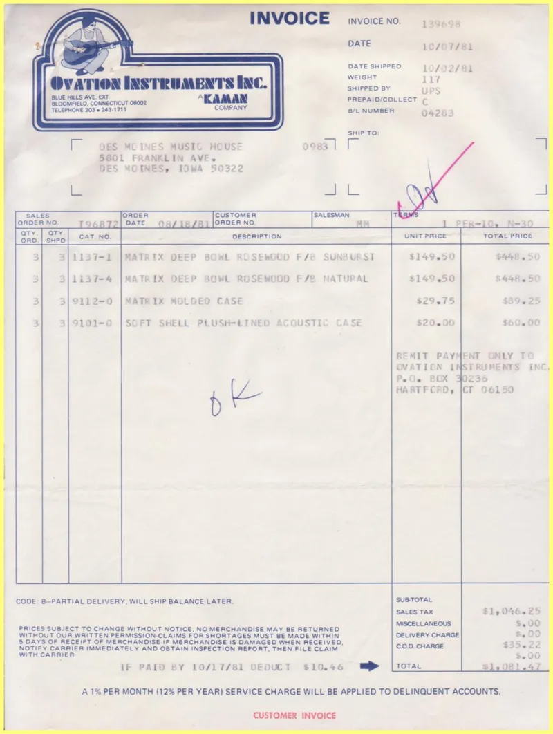 Ovation Instruments Inc. Invoice and Shipment Documents for Des Moines Music House