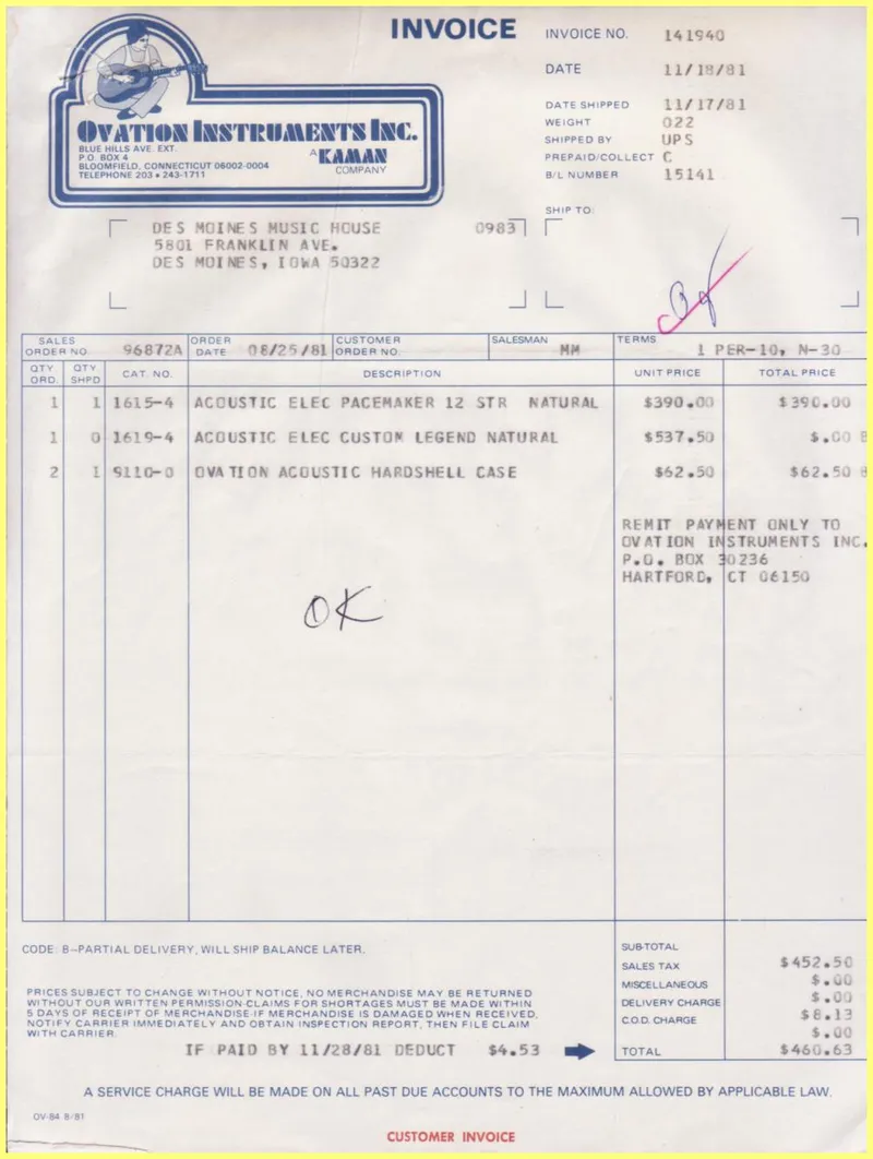 Ovation Instruments Inc. Invoice and Shipment Documents - Invoice No. 141940