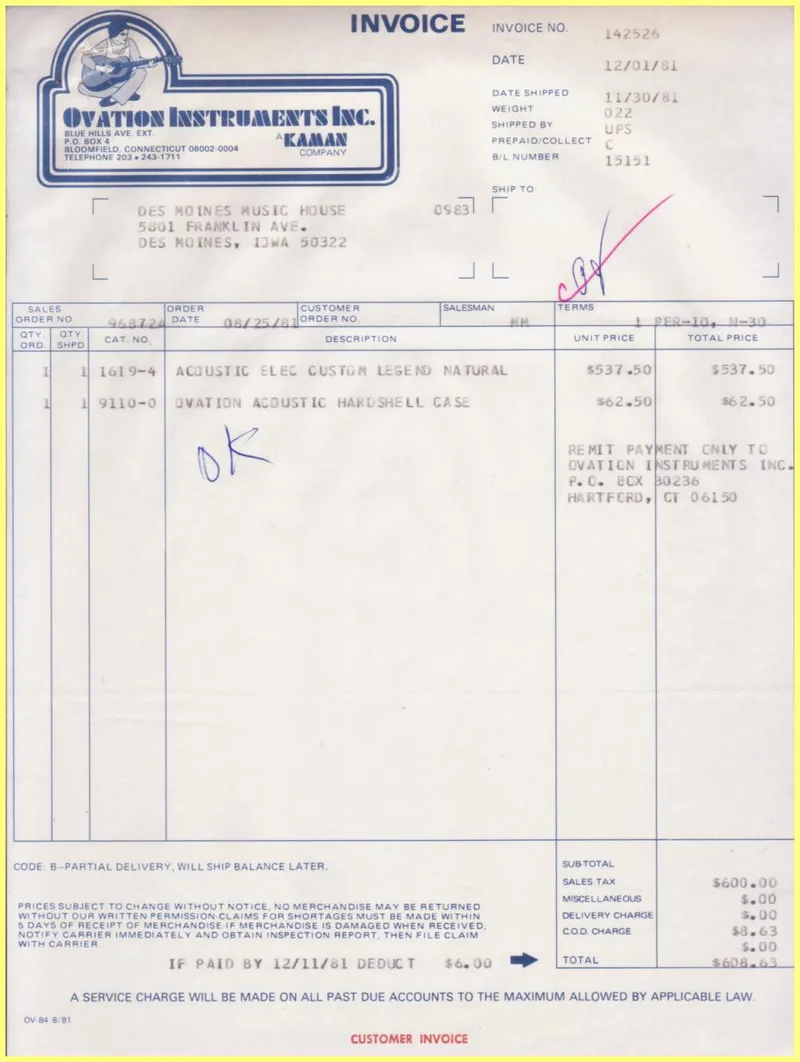 Ovation Instruments Inc. Invoice #142526 - Des Moines Music House