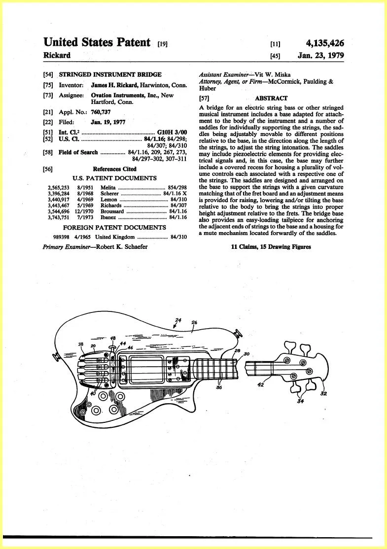 Ovation Magnum Bass Bridge 1977 Patent
