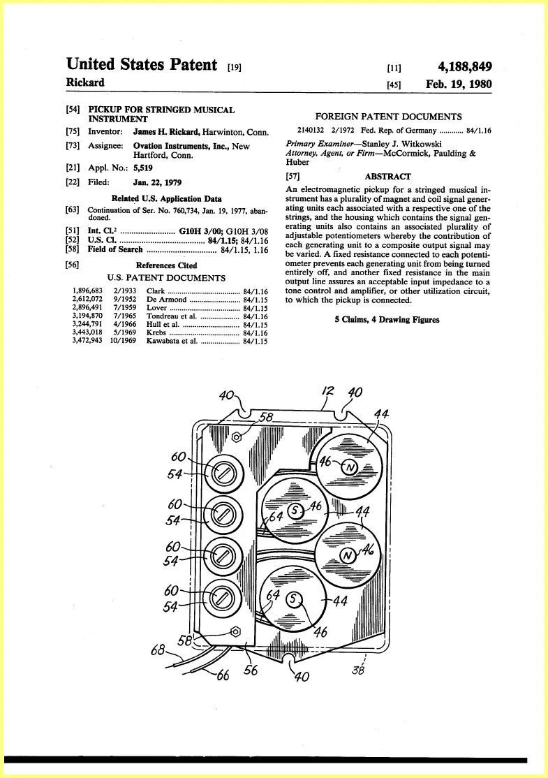 Ovation Magnum Bass Pickup 1979 Patent