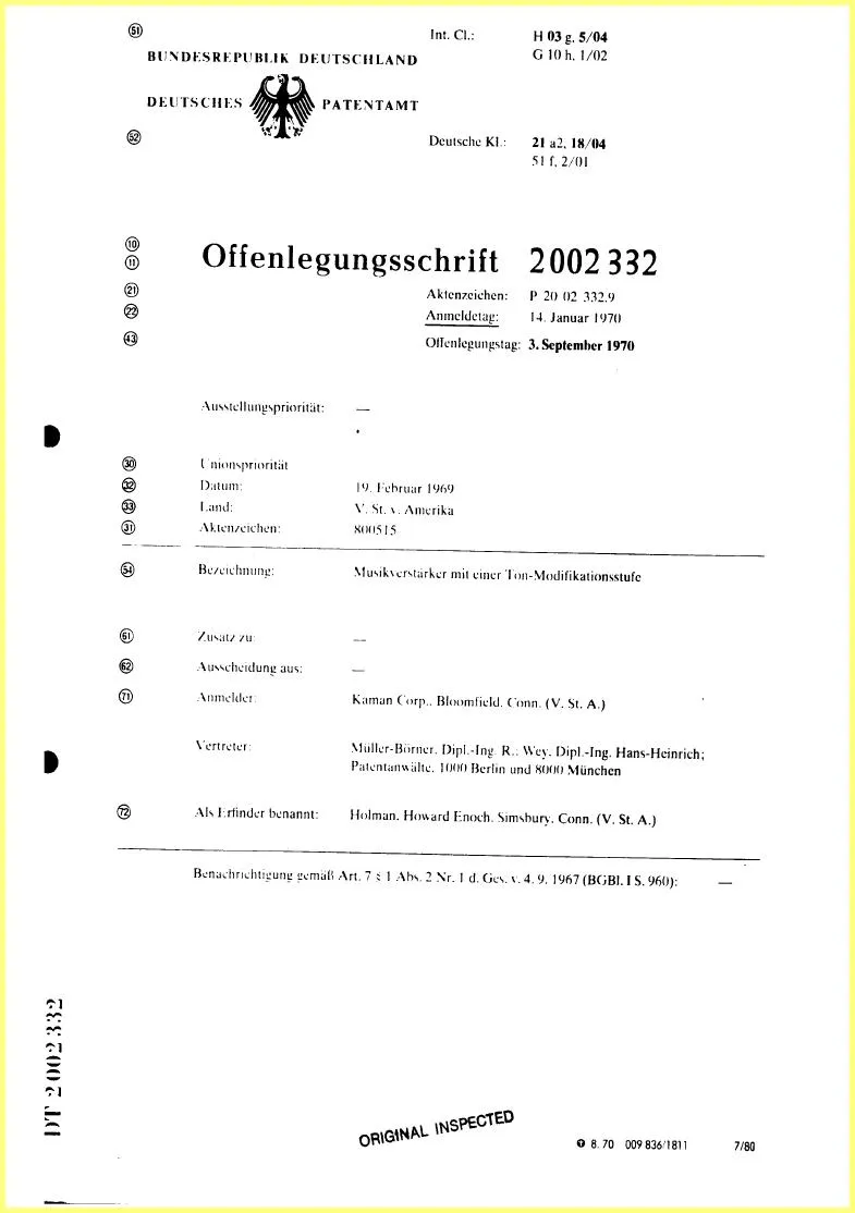 Music Amplifier with Tone Modification Stage (German Patent)