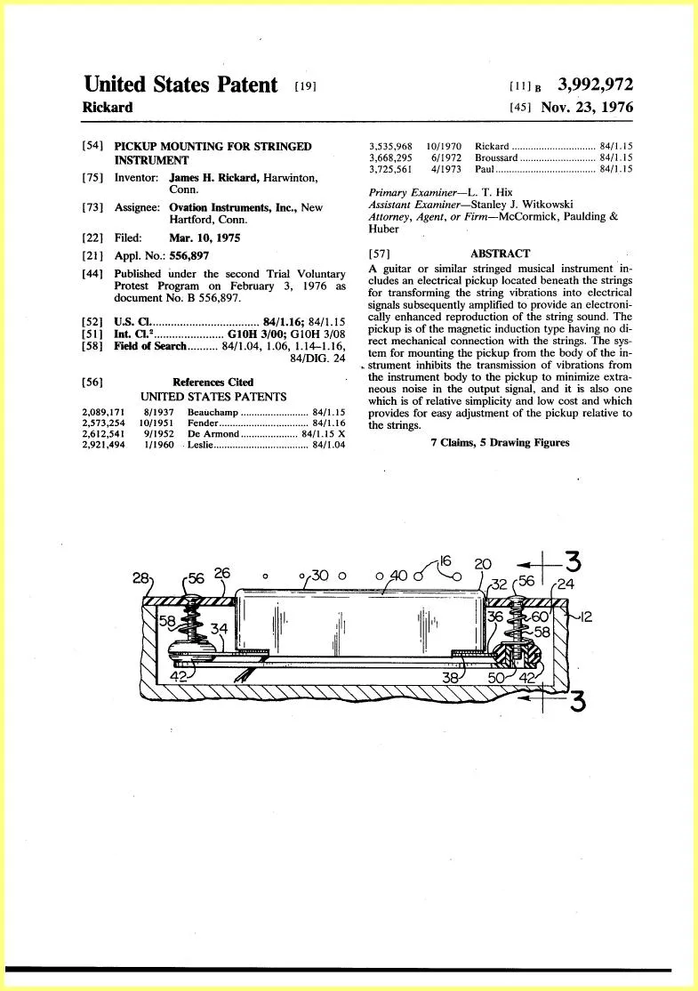 Ovation Pickup Mounting 1976 Patent