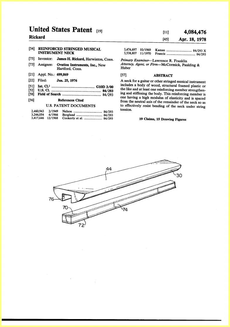 Ovation Reinforced Neck 1976 Patent