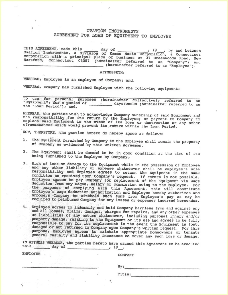 Ovation Instruments Agreement for Loan of Equipment to Employee