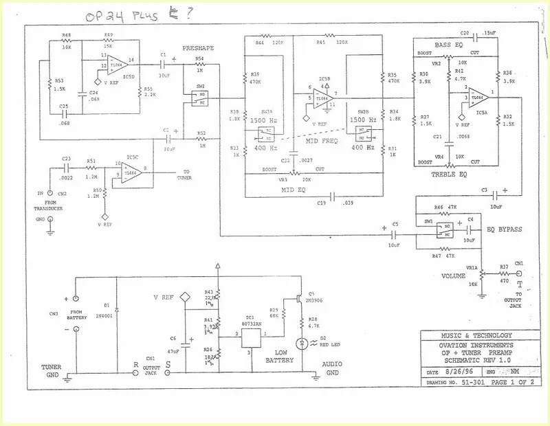Ovation OP-24 Plus E Pre-Amp Schematic with Tuner