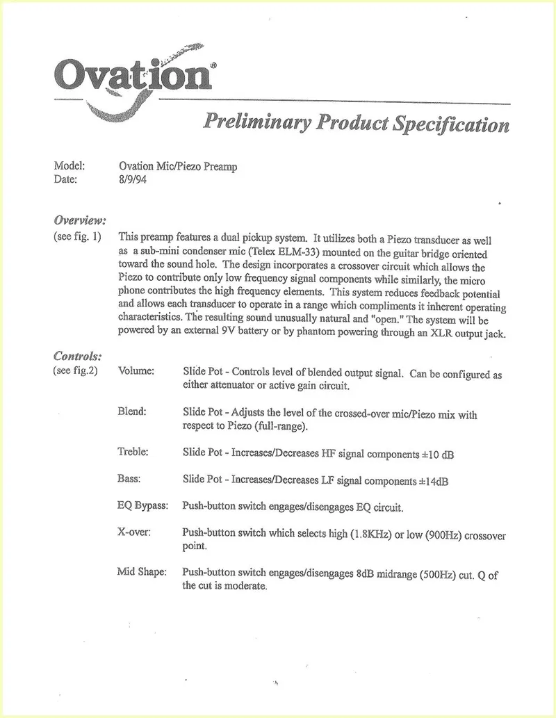 Ovation Optima Pre-Amp Preliminary Product Specification
