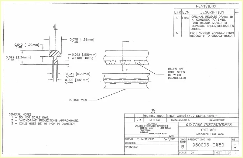 Ovation USA Fretwire Engineering Drawings