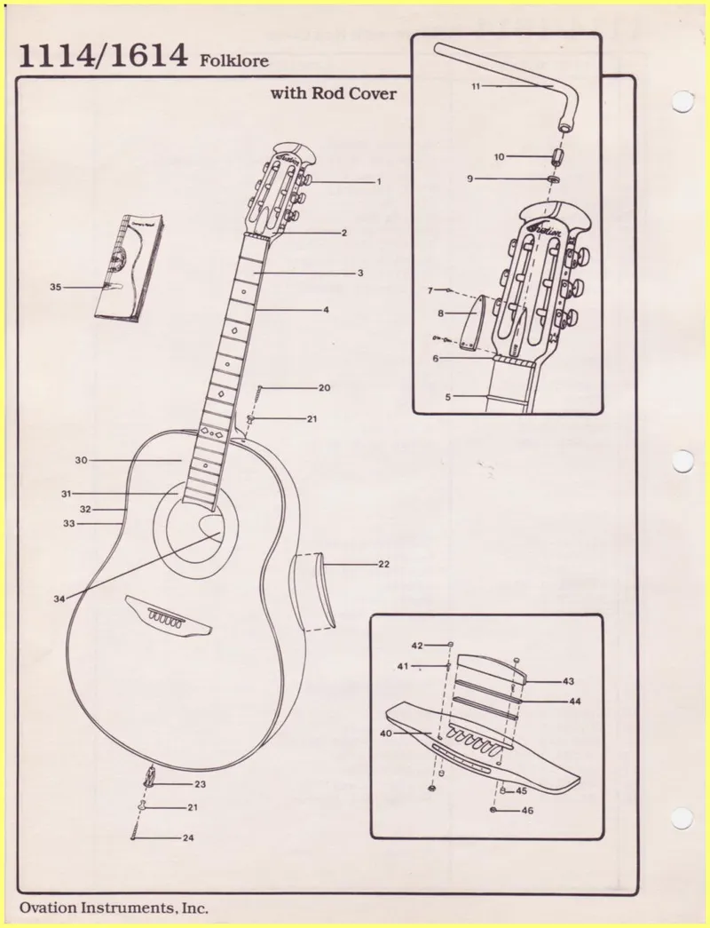 Ovation Instruments 1114/1614 Folklore Guitar Parts Diagram and Parts List with Rod Cover