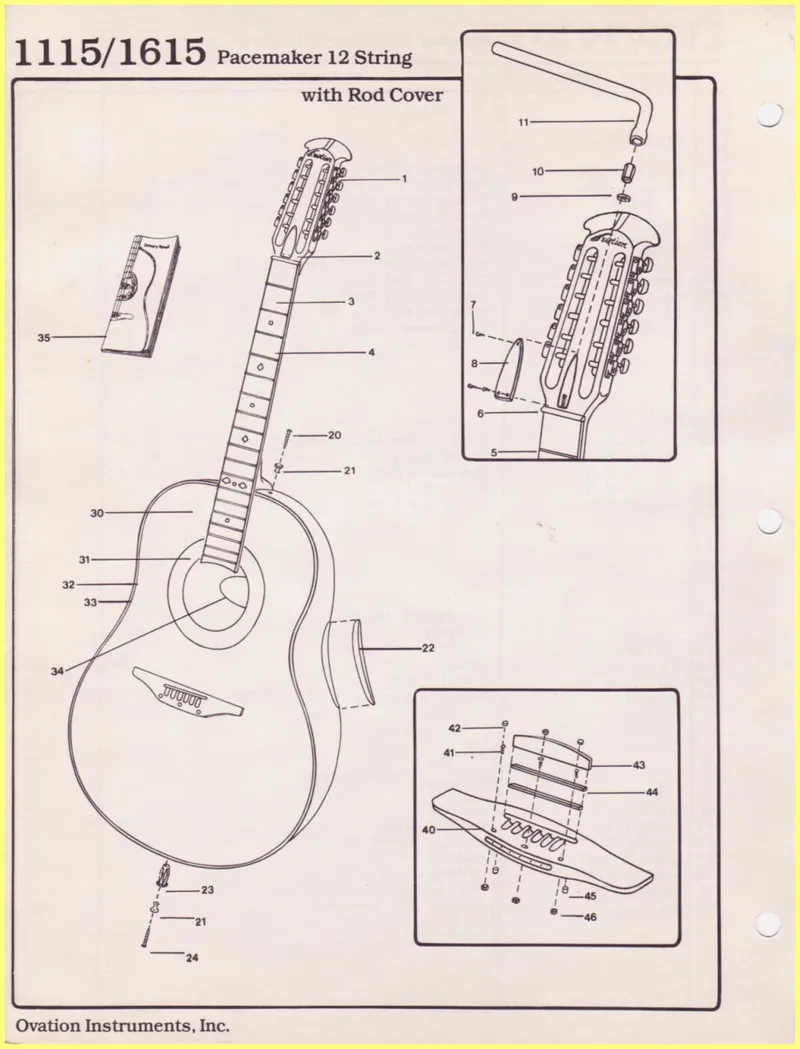 Ovation Instruments 1115/1615 Pacemaker 12-String Guitar Parts Diagram and Parts List