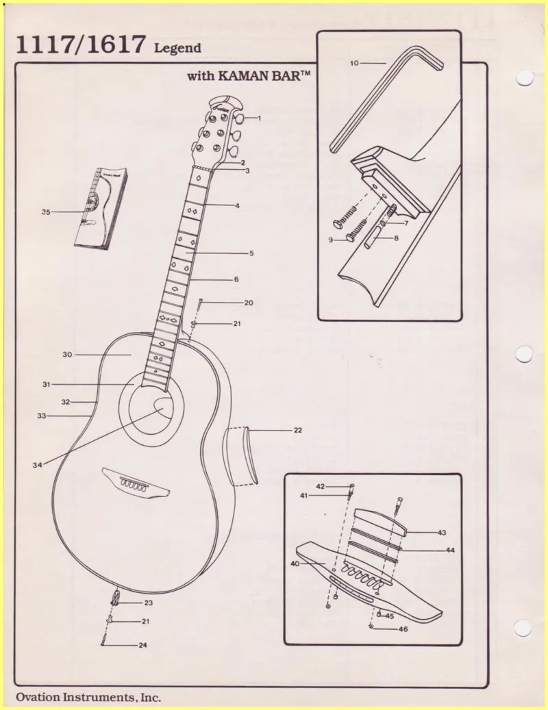 Ovation 1117/1617 Legend Guitar Parts Diagram and Parts List with Kaman Bar