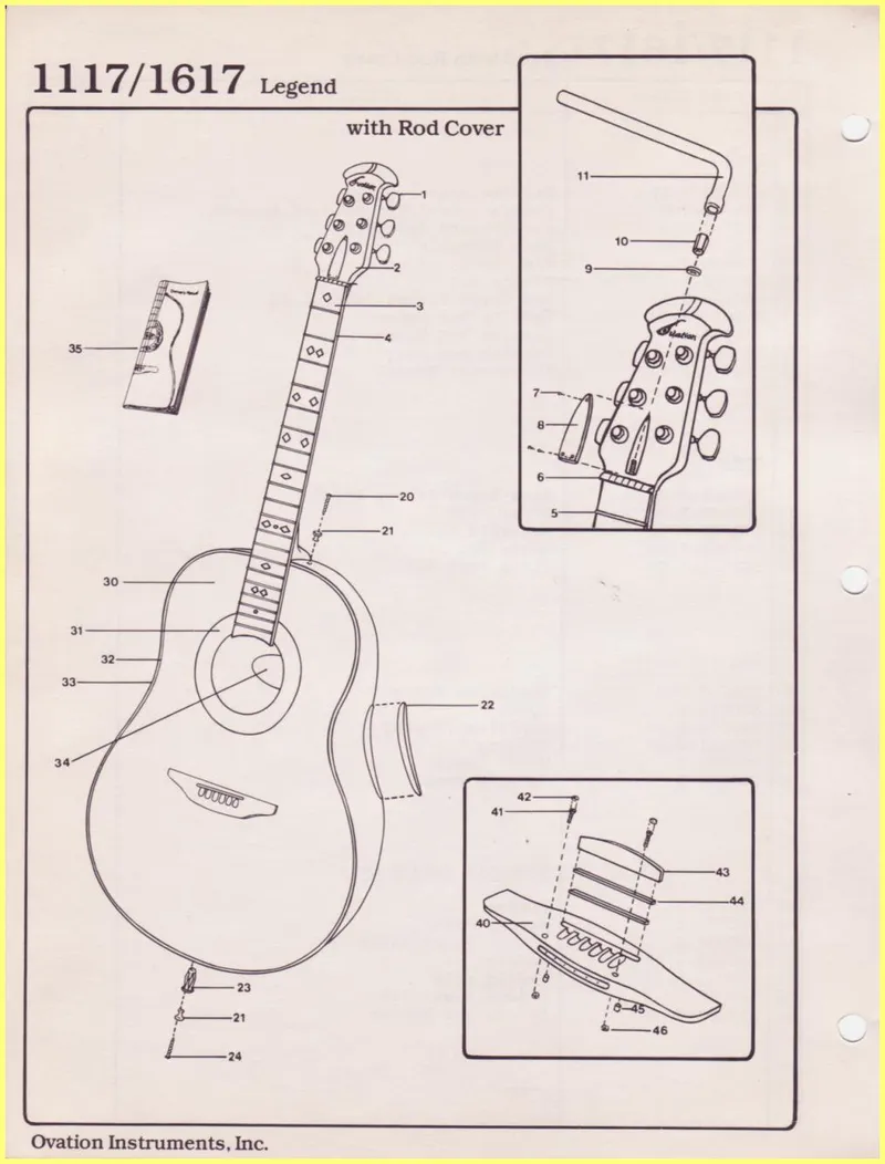 Ovation 1117/1617 Legend Acoustic Guitar Parts Diagram and Parts List with Rod Cover