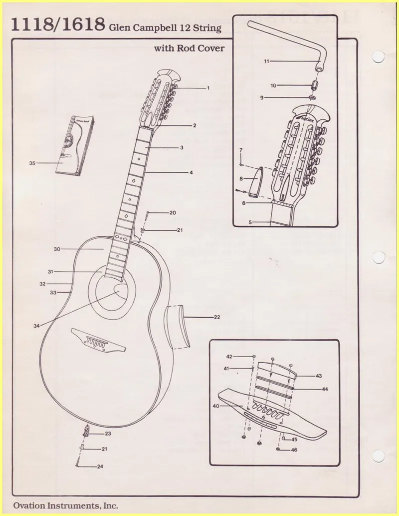 Ovation Instruments 1118/1618 Glen Campbell 12-String Guitar Parts Diagram and Parts List
