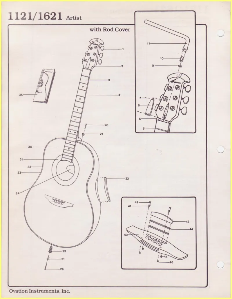Ovation Instruments 1121/1621 Artist Guitar Parts Diagram and Parts List with Rod Cover