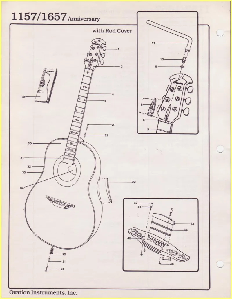 Ovation 1157/1657 Anniversary Guitar Parts Diagram and Parts List with Rod Cover