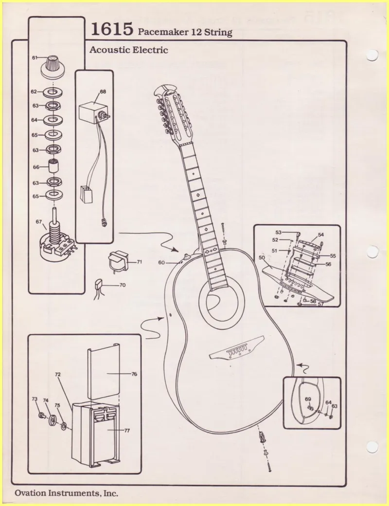 Ovation 1615 Pacemaker 12-String Acoustic Electric Guitar Parts Diagram and Parts List