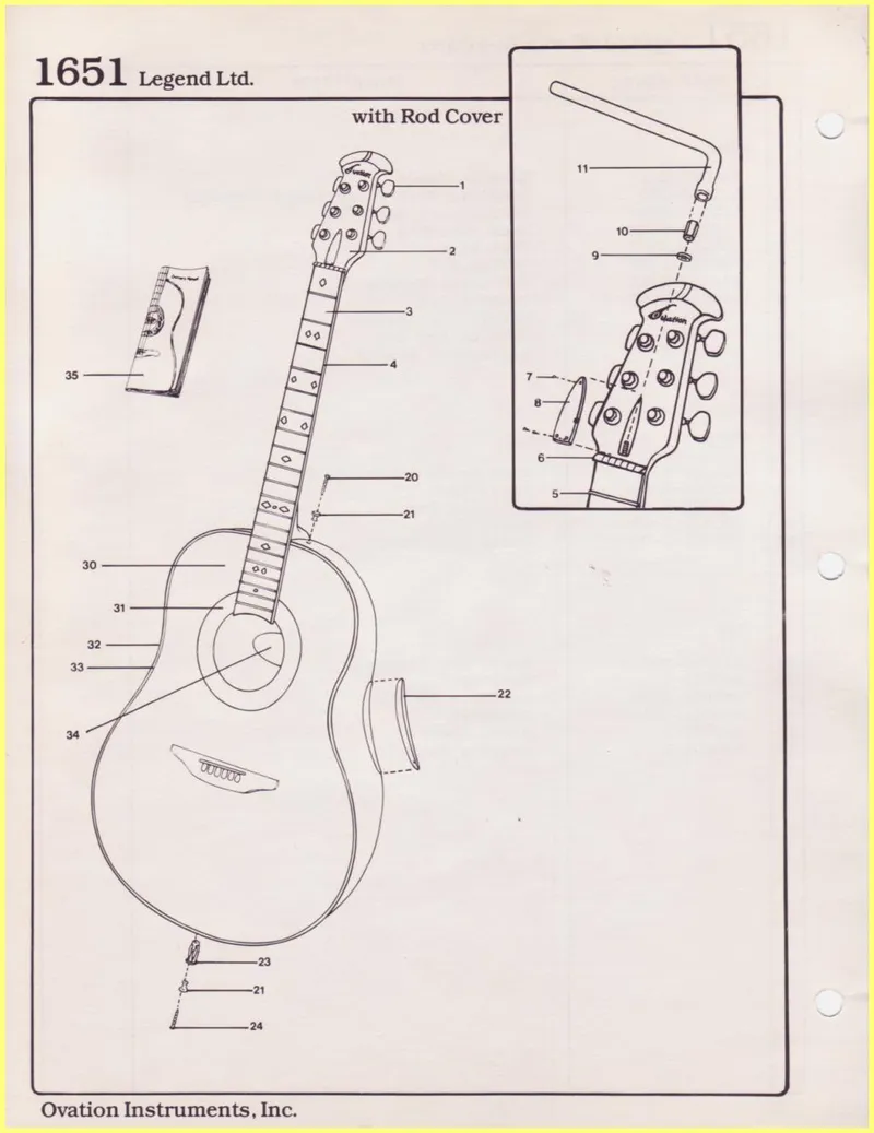 Ovation 1651 Legend Ltd. Guitar Parts Diagram and Parts List with Rod Cover