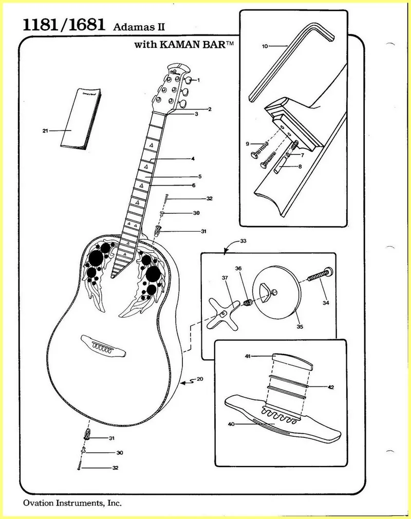 Ovation Adamas II 1181/1681 with Kaman Bar - Exploded Parts Diagram and Parts List