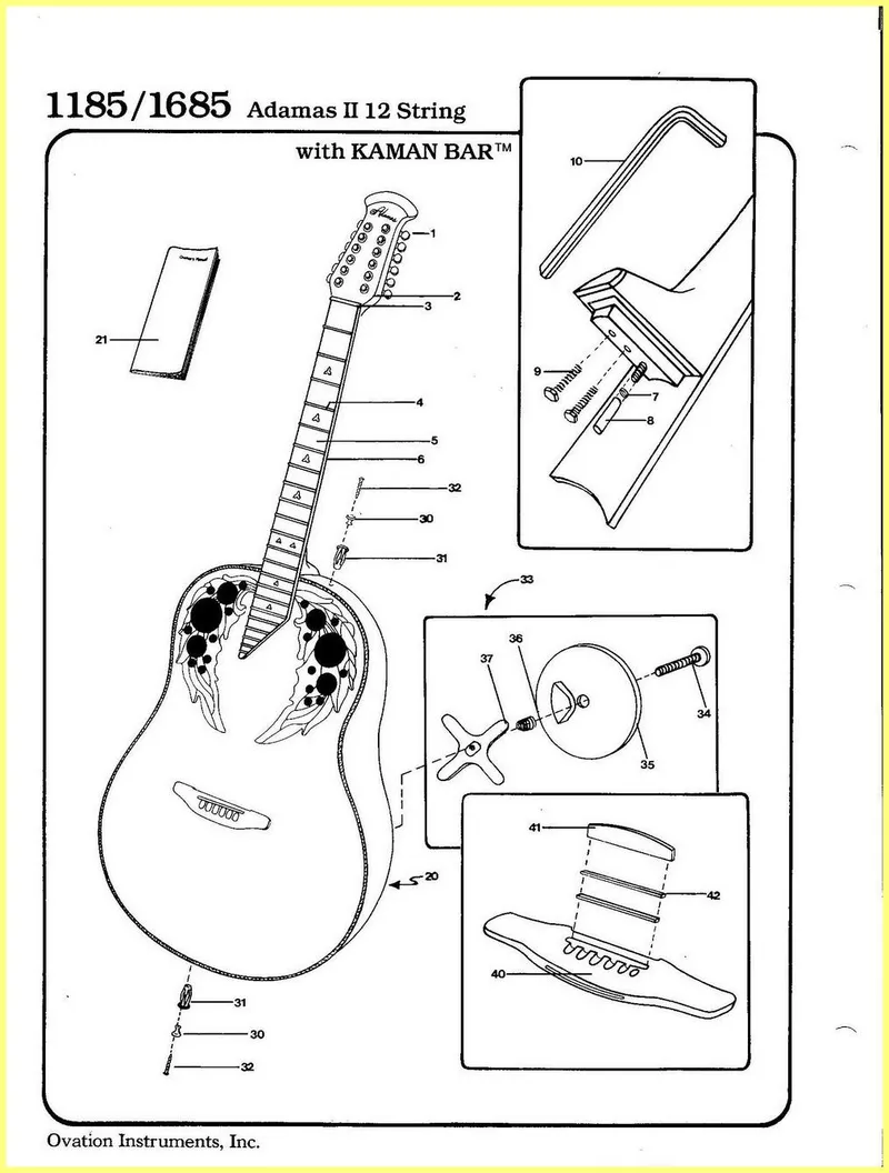 Ovation Adamas II 1185/1685 12-String Guitar Parts Diagram and List with Kaman Bar