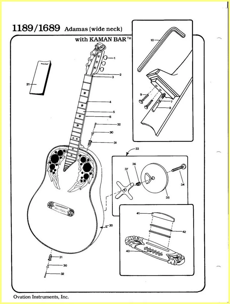 Ovation Instruments Adamas 1189/1689 Wide Neck with Kaman Bar Parts Diagram and List