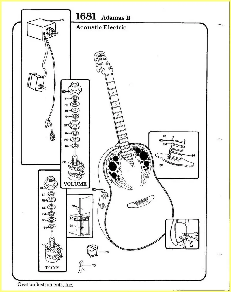 Ovation Adamas II Model 1681 Acoustic Electric Guitar Parts Diagram and Parts List